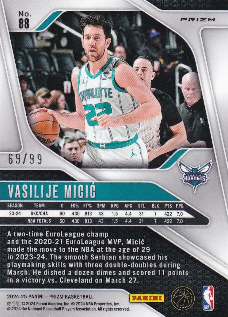 2024-25 PRIZM #88 VASILIJE MICIC BLUE RAY WAVE 69/99- CHARLOTTE HORNETS