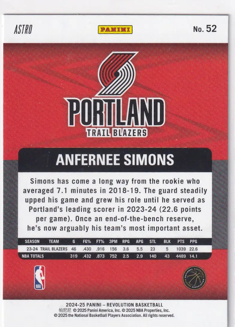 2024-25 REVOLUTION #52 ANFERNEE SIMONS ASTRO- PORTLAND TRAIL BLAZZERS - Basketball Card Single