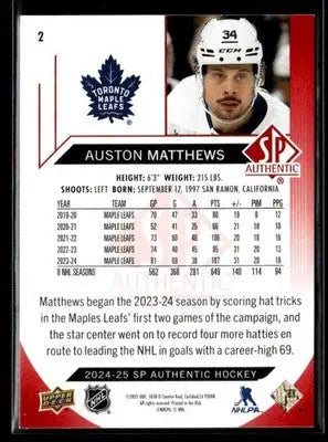 2024-25 SP Authentic Auston Matthews #2 Limited Red Toronto Maple Leafs - Hockey Card Single