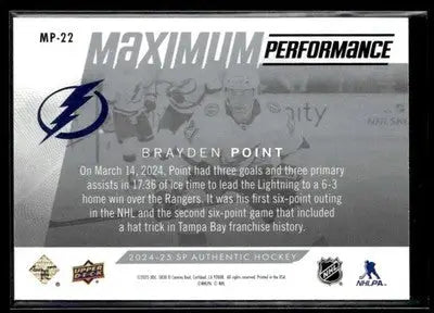 2024-25 SP Authentic Brayden Point #MP-22 Maximum Performance Lightning - Hockey Card Single