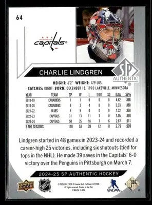 2024-25 SP Authentic Charlie Lindgren #64 Washington Capitals - Hockey Card Single