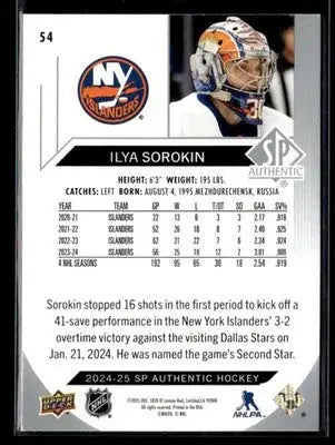 2024-25 SP Authentic Ilya Sorokin #54 New York Islanders - Hockey Card Single
