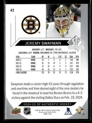 2024-25 SP Authentic Jeremy Swayman #42 Boston Bruins - Hockey Card Single