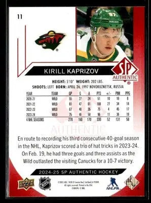 2024-25 SP Authentic Kirill Kaprizov #11 Limited Red Minnesota Wild - Hockey Card Single