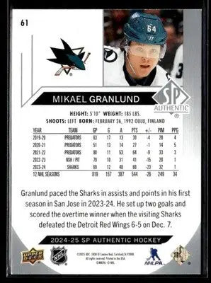 2024-25 SP Authentic Mikael Granlund #61 San Jose Sharks - Hockey Card Single