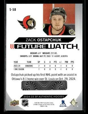 2024-25 SP Authentic Zack Ostapchuk #S-58 Spectrum FX Ottawa Senators - Hockey Card Single