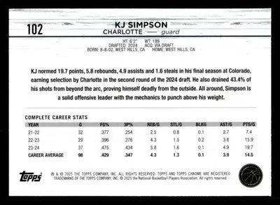 2024-25 Topps Chrome #102 KJ Simpson Base RC Charlotte Hornets - Basketball Card Single
