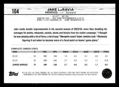 2024-25 Topps Chrome #104 Jake LaRavia Base Memphis Grizzlies - Basketball Card Single