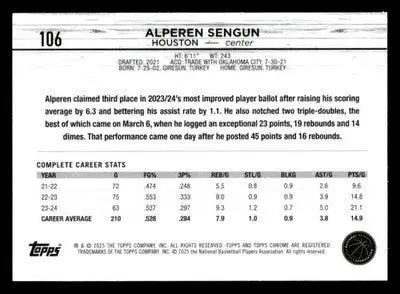 2024-25 Topps Chrome #106 Alperen Sengun - Basketball Card Single