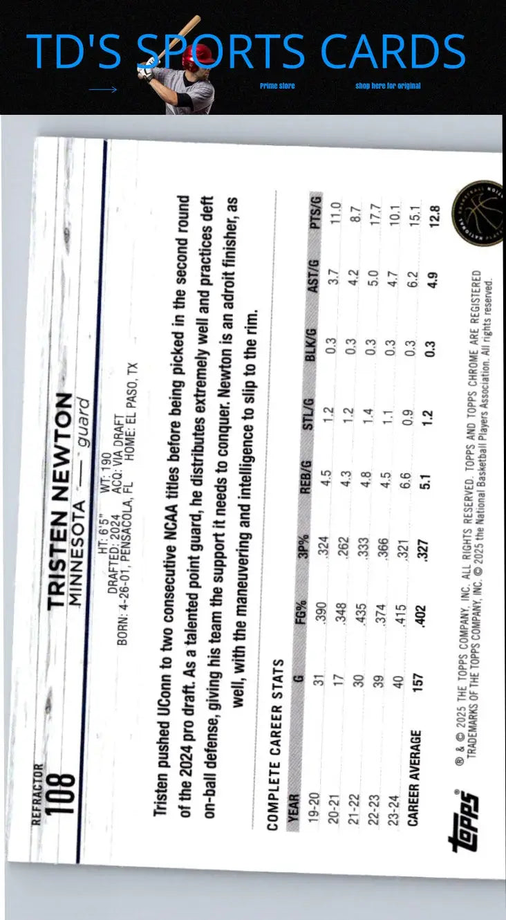 Basketball trading card of Tristen Newton Tristen Newton Refractor from Topps Chrome 2024-25