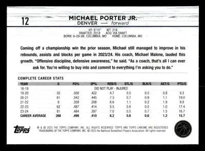 2024-25 Topps Chrome #12 Michael Porter Jr - Basketball Card Single
