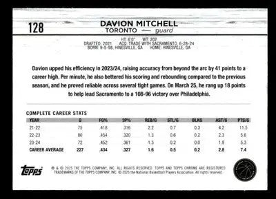2024-25 Topps Chrome #128 Davion Mitchell Purple Refractor - Basketball Card Single
