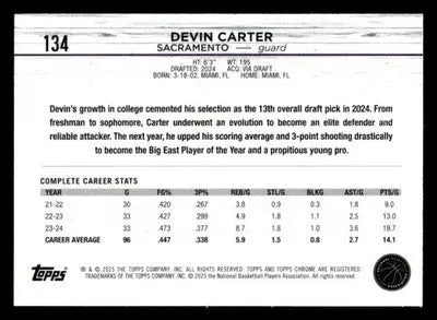 2024-25 Topps Chrome #134 Devin Carter Base RC Sacramento Kings