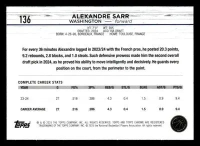 2024-25 Topps Chrome #136 Alexandre Sarr - Basketball Card Single