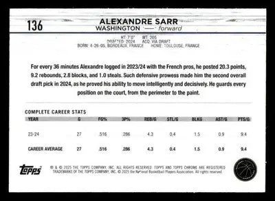 2024-25 Topps Chrome #136 Alexandre Sarr - Basketball Card Single