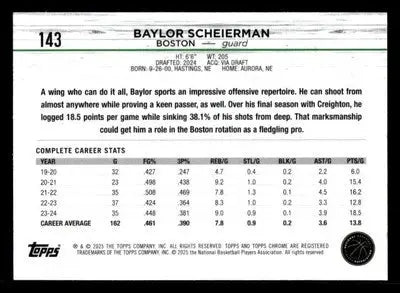 2024-25 Topps Chrome #143 Baylor Scheierman Base RC Boston Celtics - Basketball Card Single