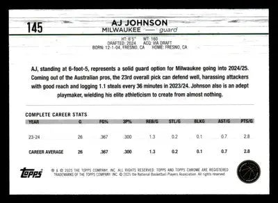 2024-25 Topps Chrome #145 AJ Johnson RC Base Milwaukee Bucks - Basketball Card Single