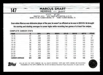 2024-25 Topps Chrome #147 Base Marcus Smart Memphis Grizzlies - Basketball Card Single