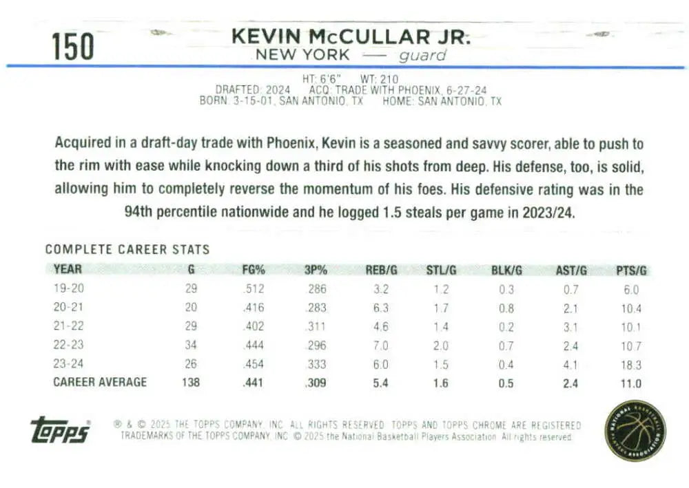 2024-25 Topps Chrome #150 Kevin McCullar Jr. NM-MT RC Rookie ID:78617 - Basketball Card Single