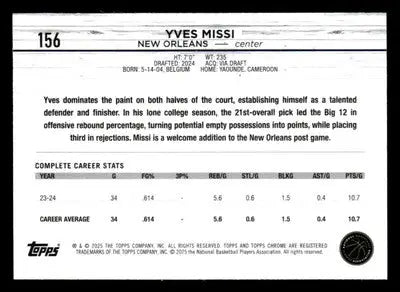 2024-25 Topps Chrome #156 Yves Missi - Basketball Card Single