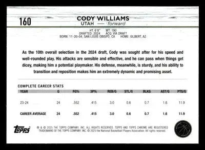 2024-25 Topps Chrome #160 Cody Williams Base RC Utah Jazz - Basketball Card Single