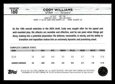 2024-25 Topps Chrome #160 Cody Williams Refractor - Basketball Card Single