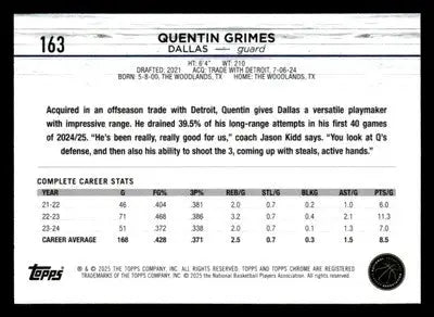 2024-25 Topps Chrome #163 Quentin Grimes Base Dallas Mavericks - Basketball Card Single