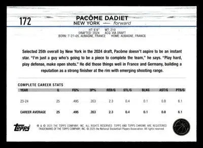 2024-25 Topps Chrome #172 Pacome Dadiet - Basketball Card Single
