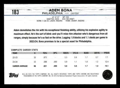 2024-25 Topps Chrome #183 Adem Bona - Basketball Card Single