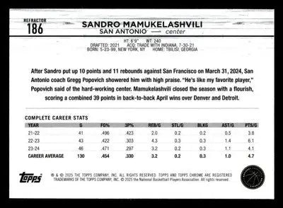2024-25 Topps Chrome #186 Sandro Mamukelashvili Refractor - Basketball Card Single