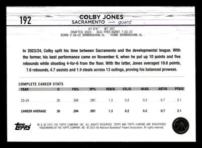 2024-25 Topps Chrome #192 Colby Jones Base Sacramento Kings