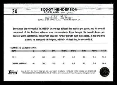 2024-25 Topps Chrome #24 Scoot Henderson - Basketball Card Single