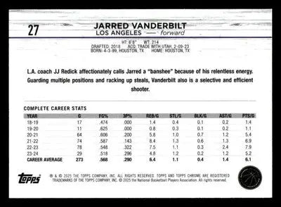 2024-25 Topps Chrome #27 Jarred Vanderbilt Blue Sonar Refractor #/125 - Basketball Card Single
