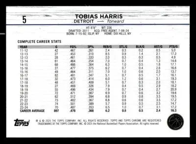 2024-25 Topps Chrome #5 Tobias Harris Base Detroit Pistons - Basketball Card Single