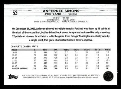 2024-25 Topps Chrome #53 Anfernee Simons - Basketball Card Single