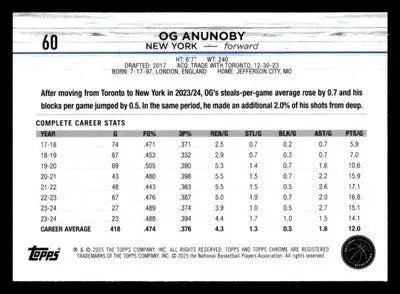 2024-25 Topps Chrome #60 OG Anunoby Base New York Knicks - Basketball Card Single