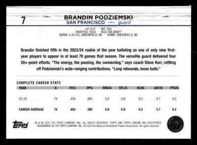 2024-25 Topps Chrome #7 Brandin Podziemski - Basketball Card Single
