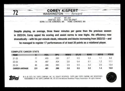 2024-25 Topps Chrome #72 Corey Kispert - Basketball Card Single