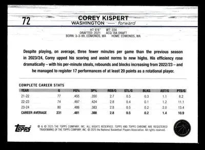 2024-25 Topps Chrome #72 Corey Kispert Purple Refractor - Basketball Card Single