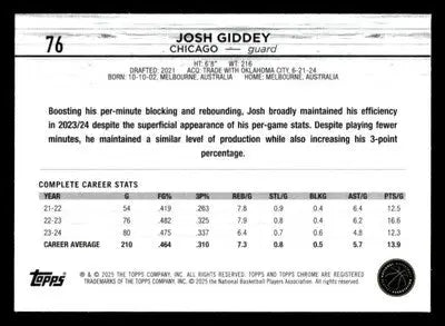2024-25 Topps Chrome #76 Josh Giddey Base Chicago Bulls - Basketball Card Single