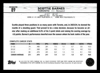 2024-25 Topps Chrome #89 Scottie Barnes Refractor - Basketball Card Single