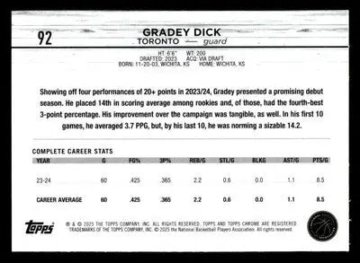 2024-25 Topps Chrome #92 Gradey Dick - Basketball Card Single