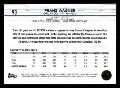 2024-25 Topps Chrome #93 Franz Wagner Purple Speckle Refractor #/299 - Basketball Card Single