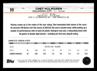 2024-25 Topps Chrome #99 Chet Holmgren - Basketball Card Single