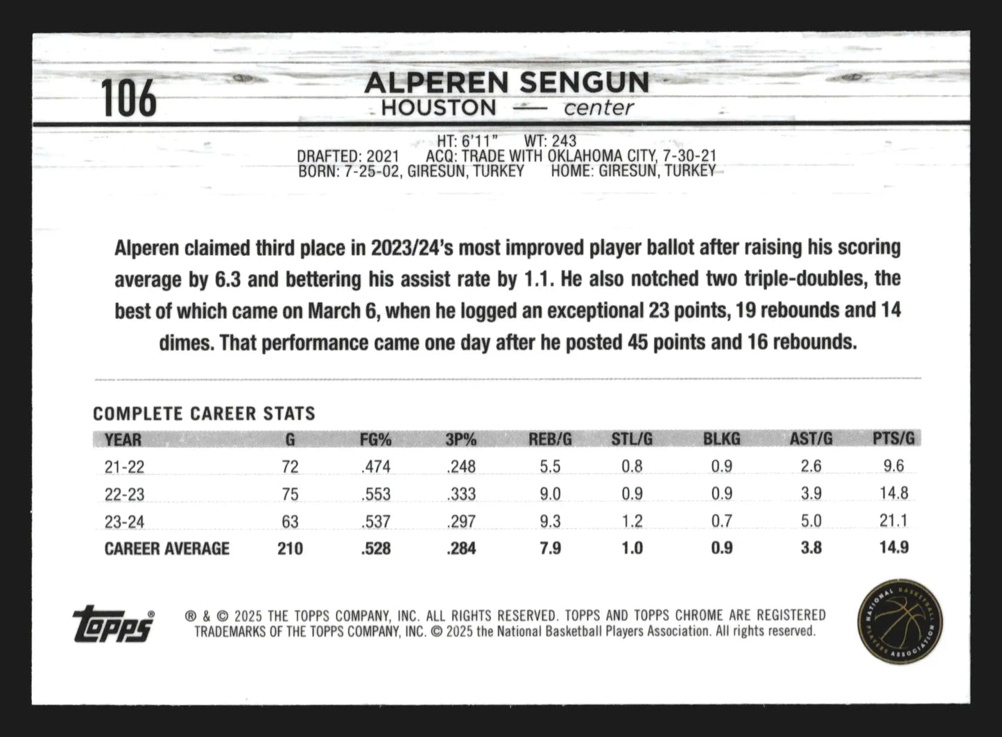 2024-25 Topps Chrome Alperen Sengun #106 Houston Rockets - Basketball Card Single