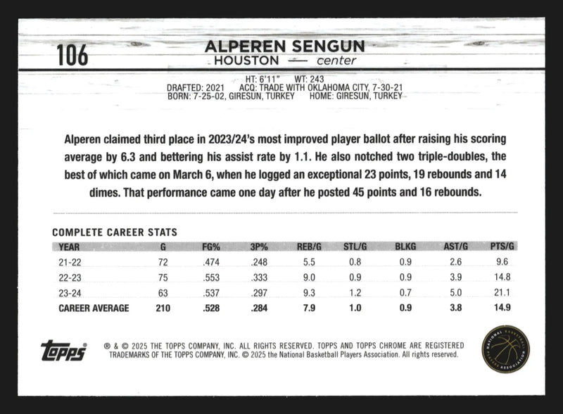 2024-25 Topps Chrome Alperen Sengun #106 Houston Rockets - Basketball Card Single