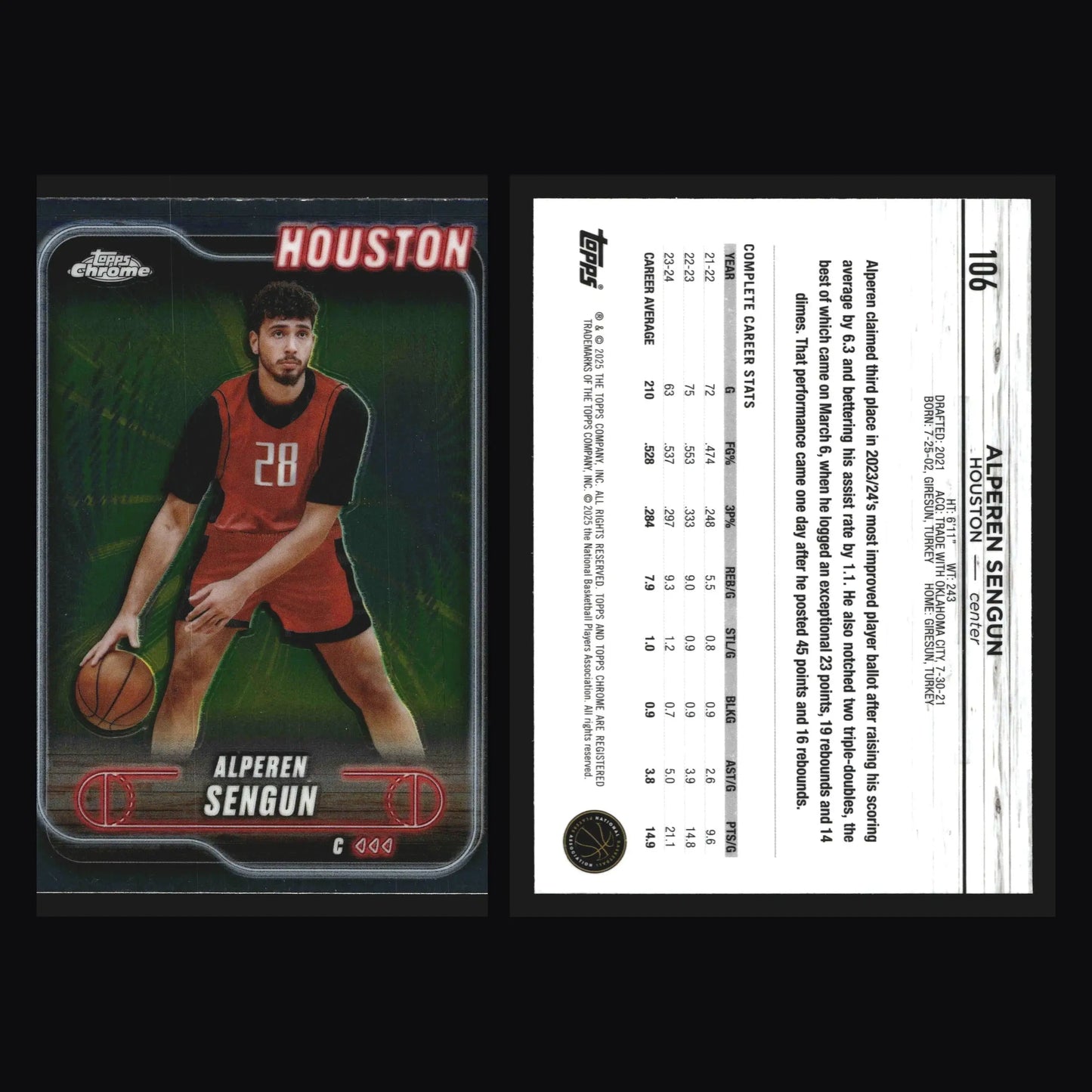 2024-25 Topps Chrome Alperen Sengun #106 Houston Rockets - Basketball Card Single