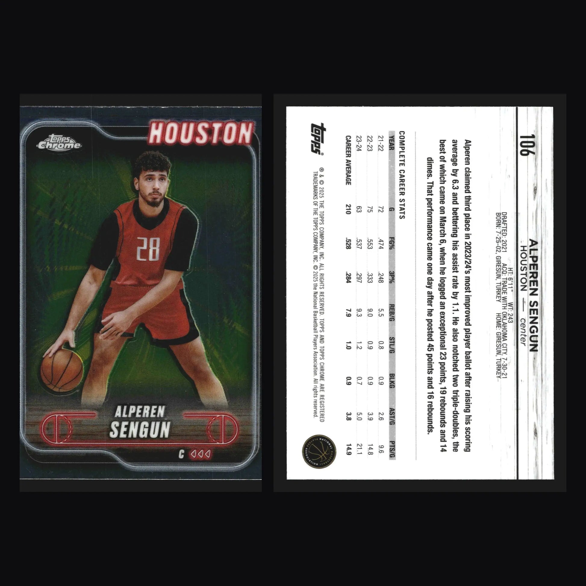 2024-25 Topps Chrome Alperen Sengun #106 Houston Rockets - Basketball Card Single