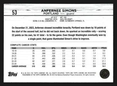 2024-25 Topps Chrome Anfernee Simons #53 Portland Trail Blazers - Basketball Card Single
