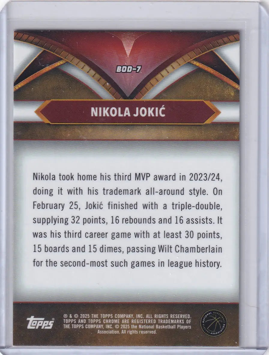 Nikola Jokić basketball card from 2024-25 Topps Chrome Ball of Duty Green series